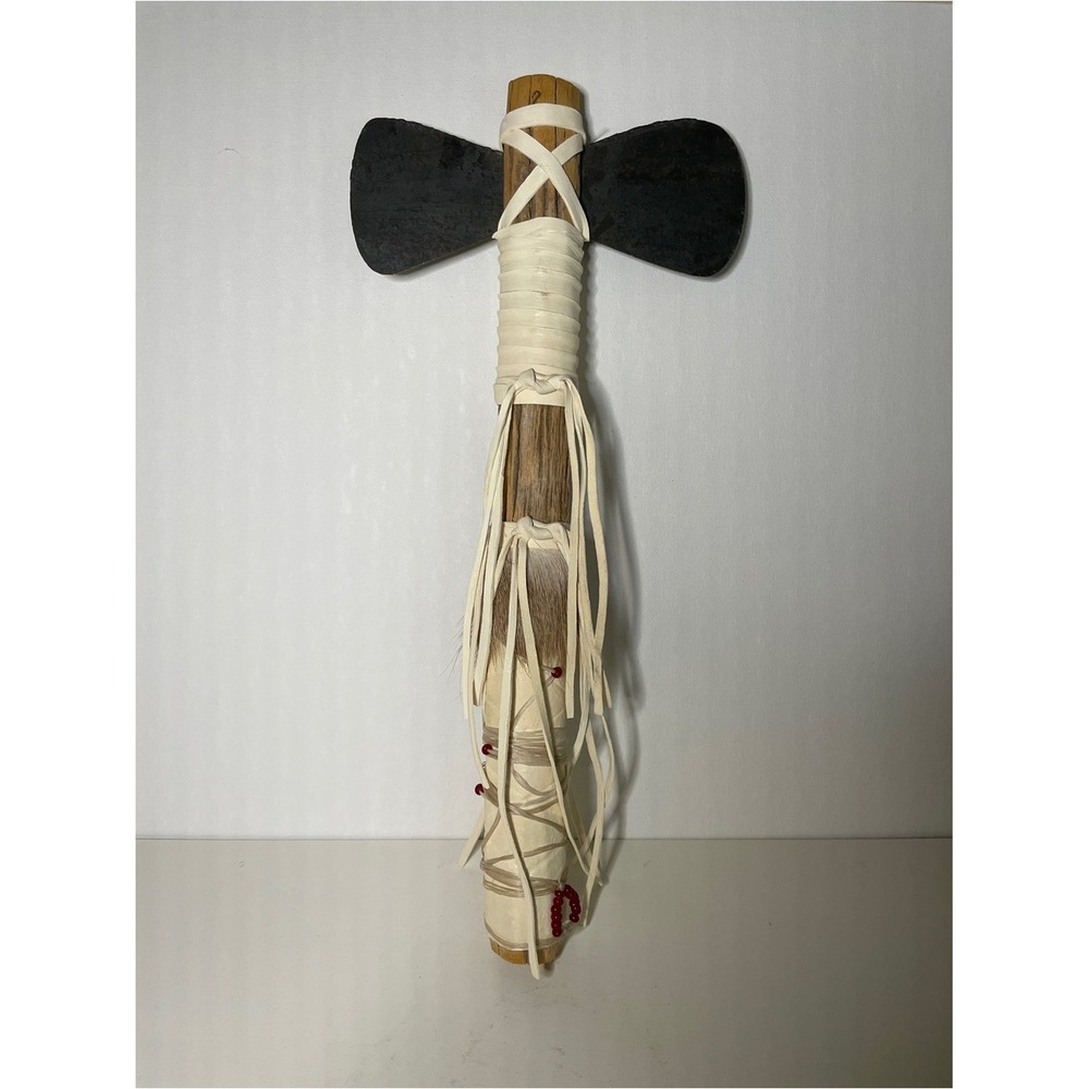 Handcrafted Native American Tomahawk with White Leather Wood Fur Handle